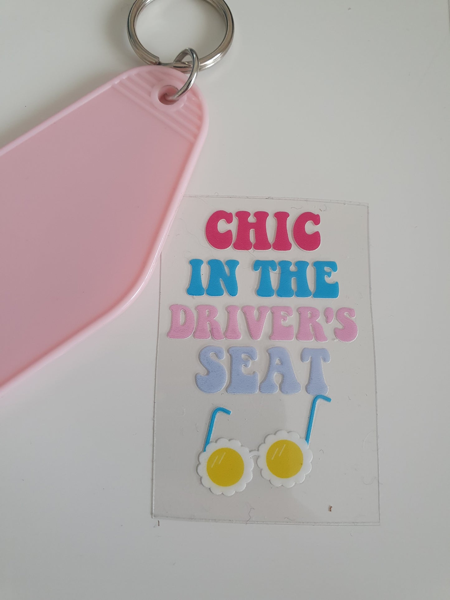 Chic in the driver's seat Motel Keyring UV DTF  print