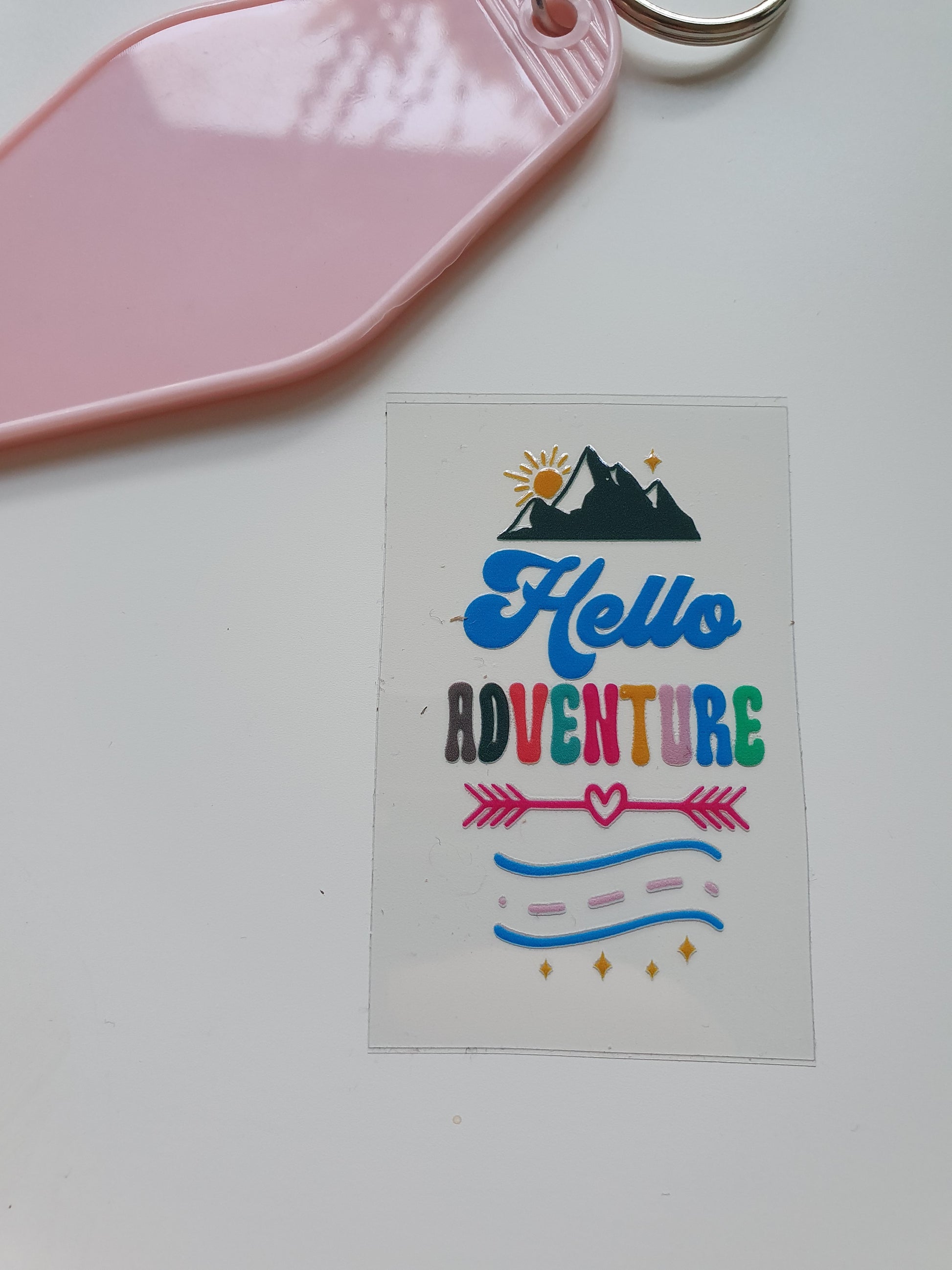 Hello Adventure Motel Keyring UV DTF  print - Wraps and Blanks